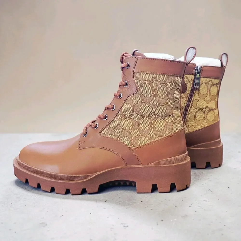 Coach Citysole Signature Lace Up Combat Boots Saddle Khaki CO257 Men's Size 9